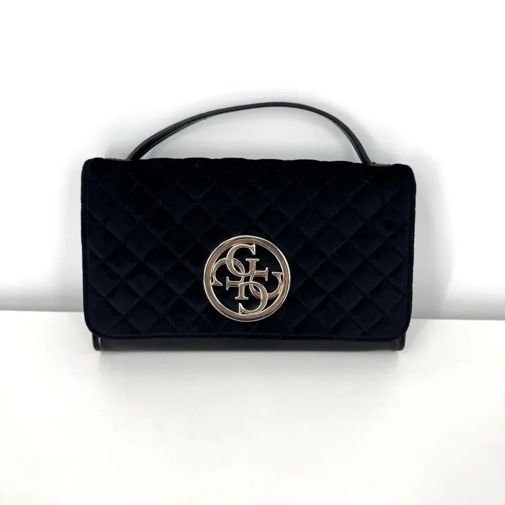 Guess Quilted Velvet Patent Faux Leather Bag Black Gold Chain Mobwife Date Night